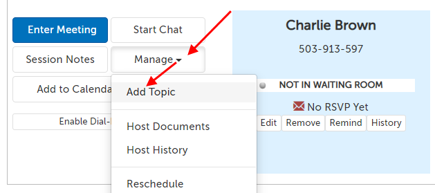 Arrow pointing at Manage button, and then Add Topic option
