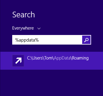 Screencap showing the search field and resulting folder