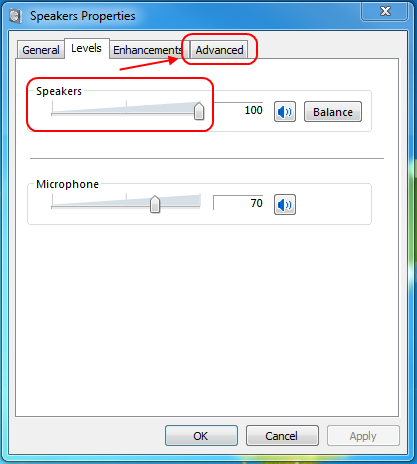 Screencap showing the volume levels and where to find the Advanced tab