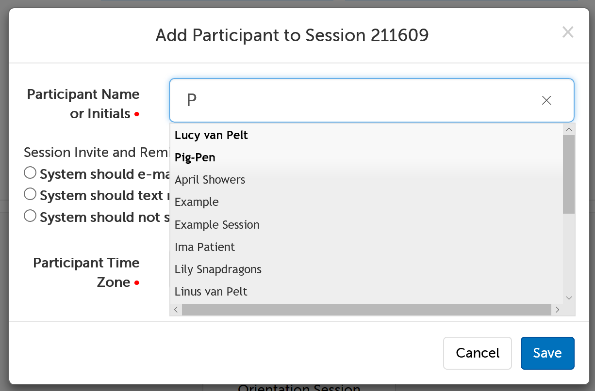 Autofill of participant names when scheduling a session