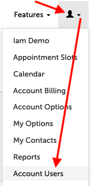 Profile menu; arrow pointing at "glyphicon-user", and then "Account Users" in menu. 