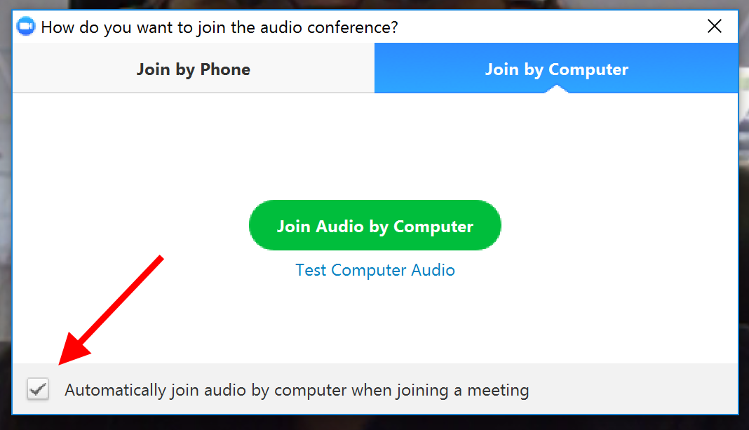 Arrow pointing at checkbox "Automatically join audio by computer when joining a meeting"
