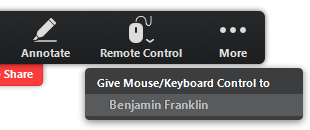 Remote Control icon, and drop down menu for "Give Mouse/Keyboard Control to" and then participant name