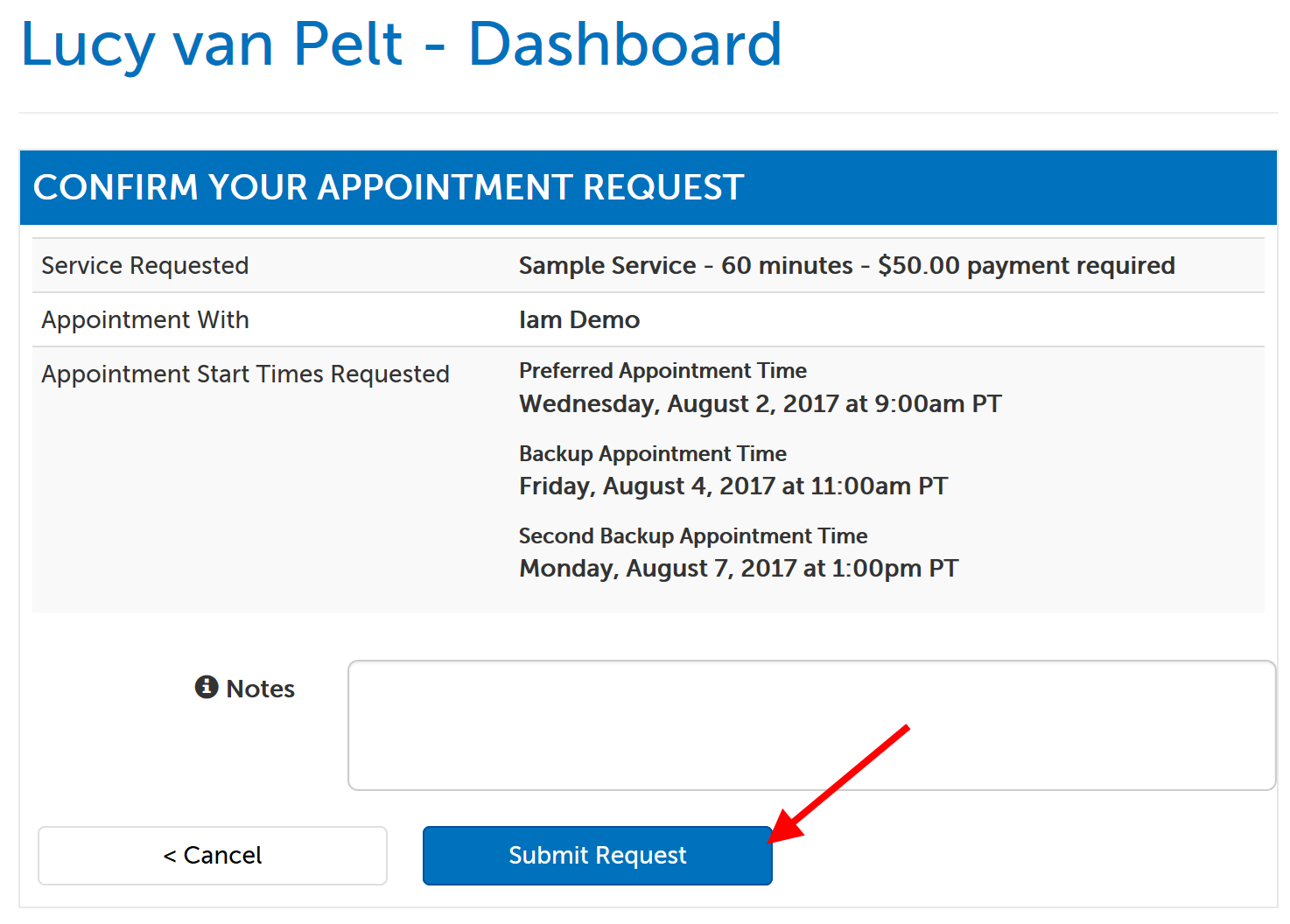 Example of a telehealth appointment request, arrow pointing at Submit Request