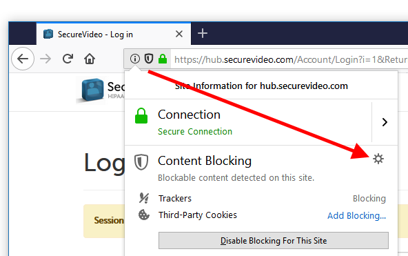 Content Blocking settings icon; button help text: Open Tracking Protection Preferences
