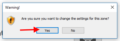 Warning! Are you sure you want to change the settings for this zone? Click "Yes".