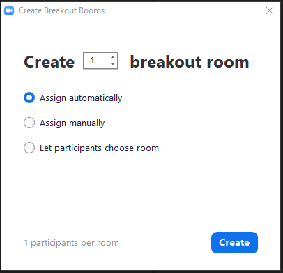 Options for creating break rooms: number of rooms, assign automatically, assign manually, let participants choose room