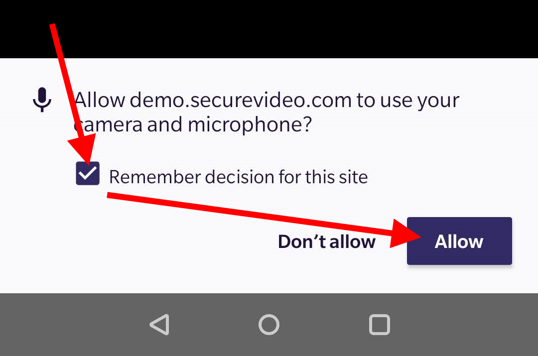 Arrow pointing at checkbox to "Remember decision for this site" and then the "Allow" button