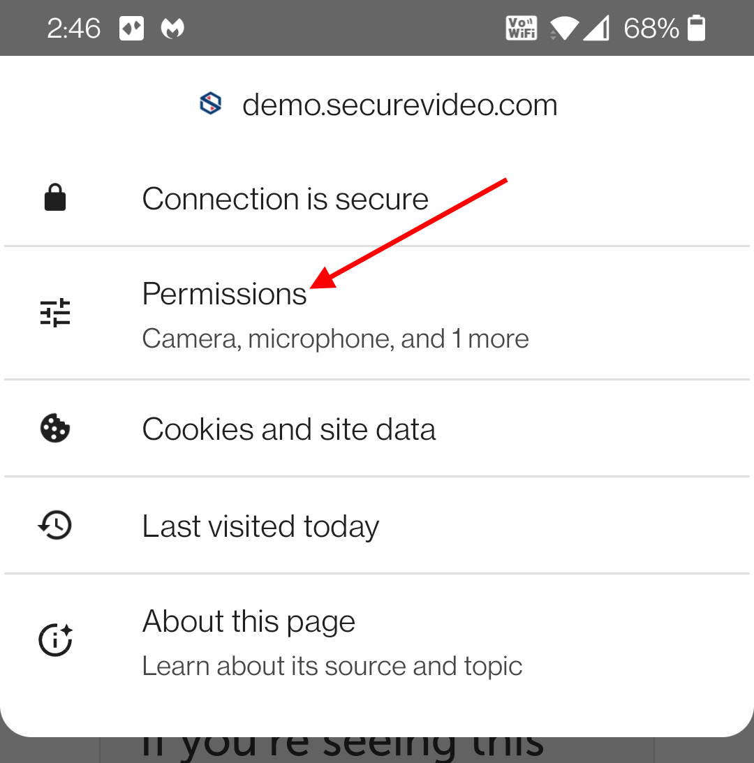 Arrow pointing at word "Permissions" in the security details menu