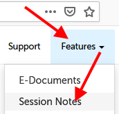 Arrow pointing to "Features" and then "Session Notes"