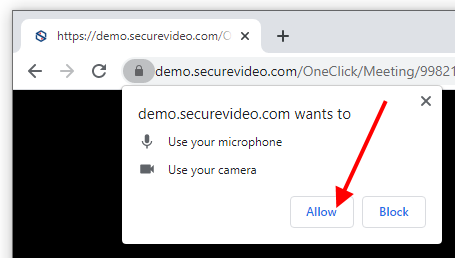 Arrow pointing at "Allow" button for Chrome prompt to use microphone and camera