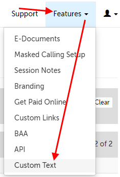 Arrow pointing at Features tab and then Custom Text